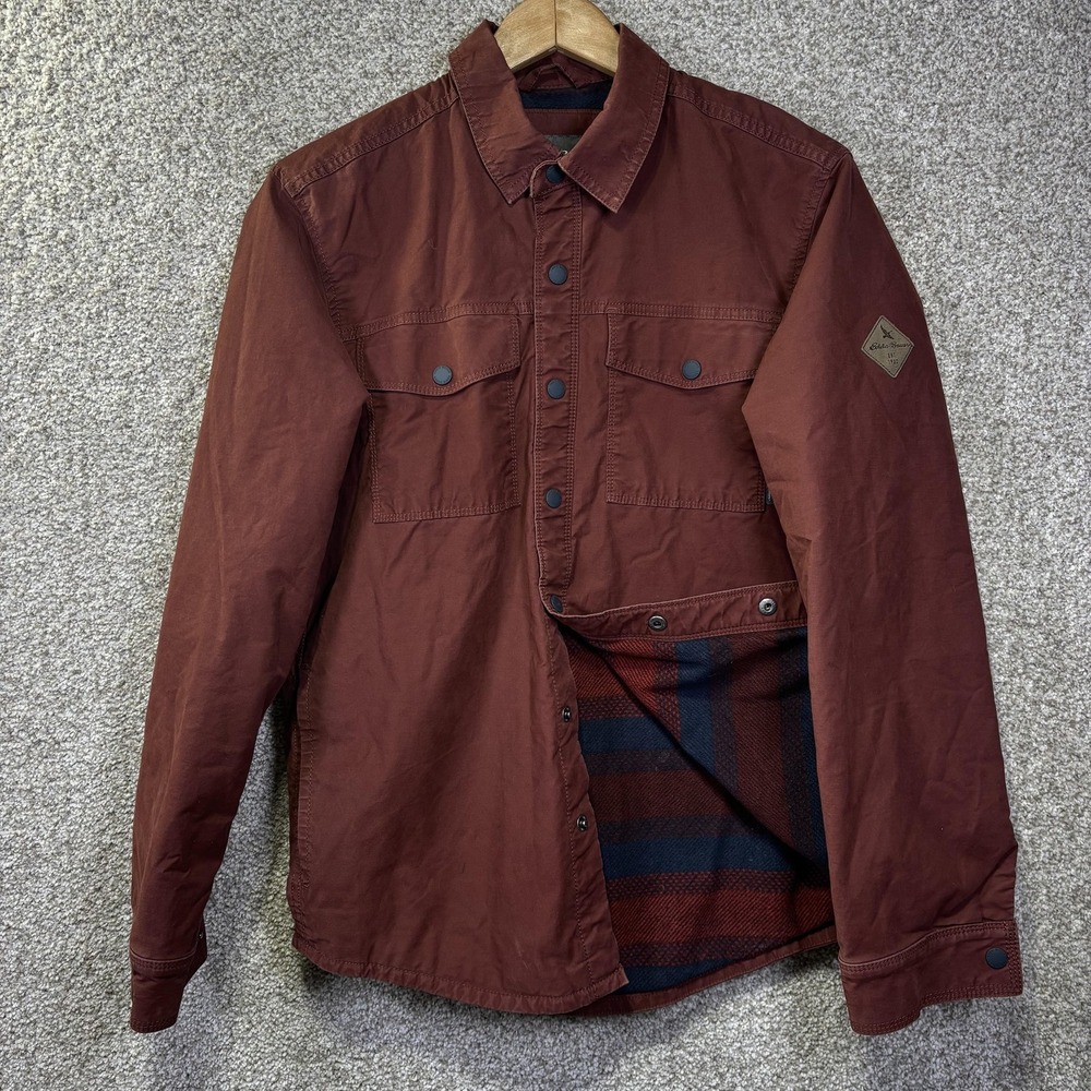 Eddie Bauer Outdoor Mens Small Rust Brown Fleece Lined Snap Front Shirt Jacket